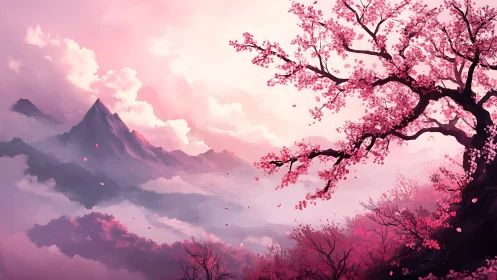 Sakura valley rises beneath misty pastel mountain light.
