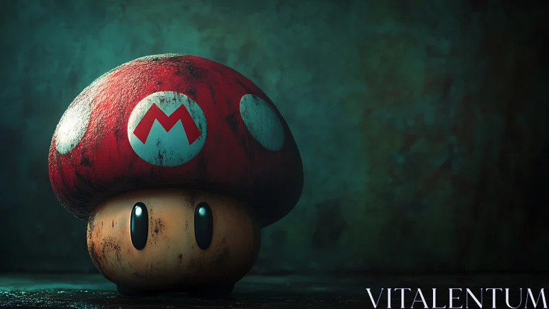 Red cartoon mushroom figure with worn surface in shadowed room.