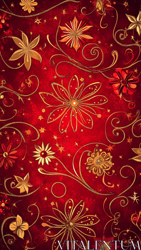 Golden floral swirls shimmer over rich red festive background