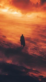 Lone cloaked wanderer crosses burning dusk sandstorm plain.