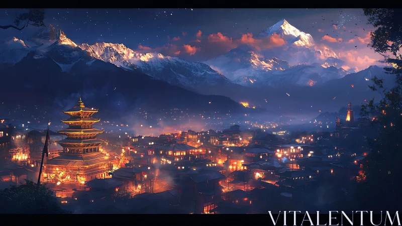 Lantern-lit mountain city humming beneath snowfire peaks.