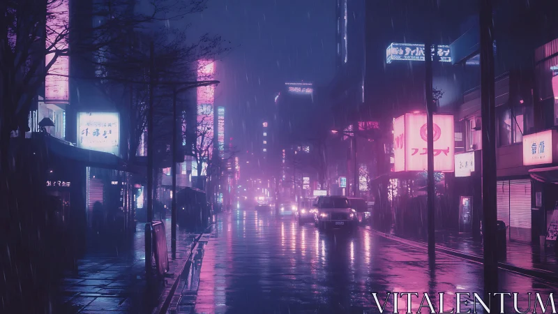 Neon lit rainy city street with vehicles and commercial signs.