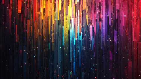 Vertical neon spectrum bars form dense abstract digital cascade