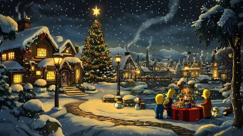Snow-laden village Christmas tableau with stylized cartoon family.