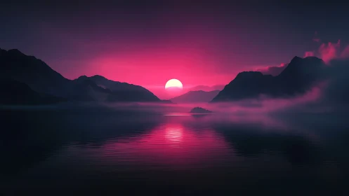 Neon sun sinks behind misty mountains over mirrored lake.
