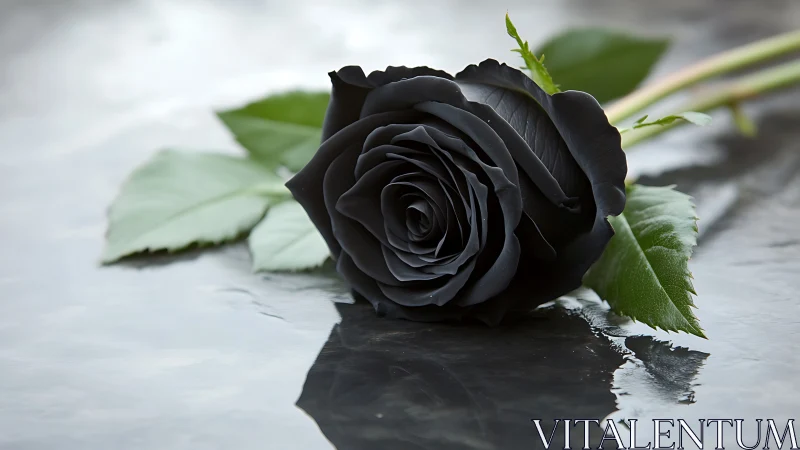 Single black rose on reflective wet surface in focus.