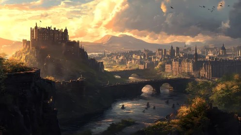 Sunlit castle city with river, bridges, and distant hills.