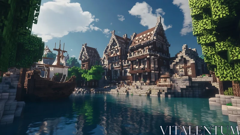 Medieval riverside town glows in pixelated Minecraft sunlight.