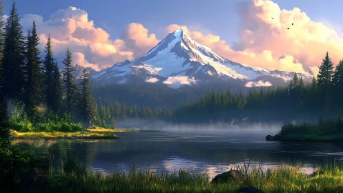 Sunlit alpine peak crowns a misty evergreen lakescape.
