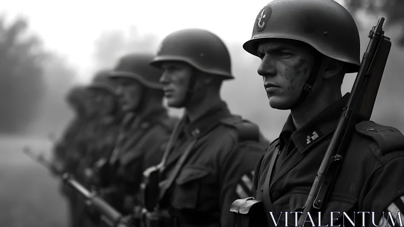 WWII-era soldiers stand in misty formation with rifles ready