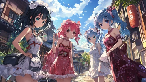 Anime girls stroll through sunny traditional Japanese street.