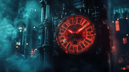 Neon red clock tower glows through mist in cyberpunk night.