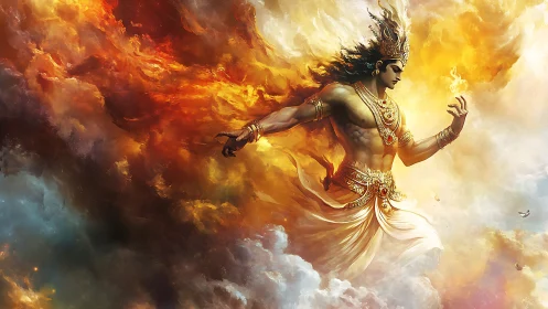 Flame crowned sky god strides through blazing celestial clouds.