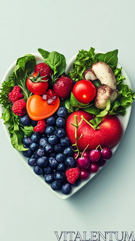 Heart-shaped bowl with assorted fruits and vegetables.