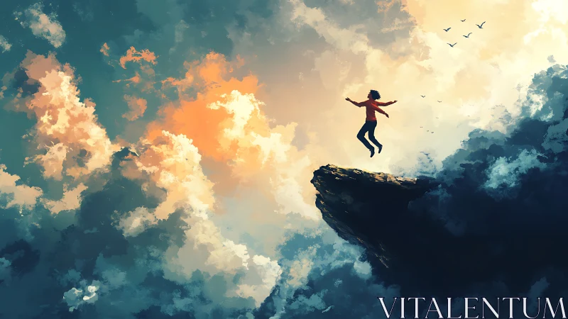 Digital painting of cliffside leap into luminous storm clouds.