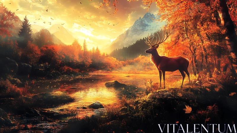 Stag beside reflective river in dense autumn forest at sunset.