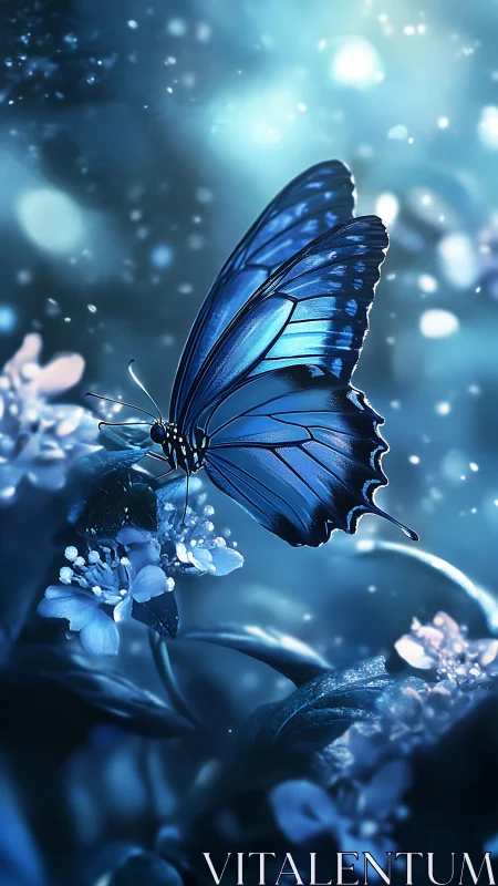 Blue butterfly resting on glowing night blossoms.