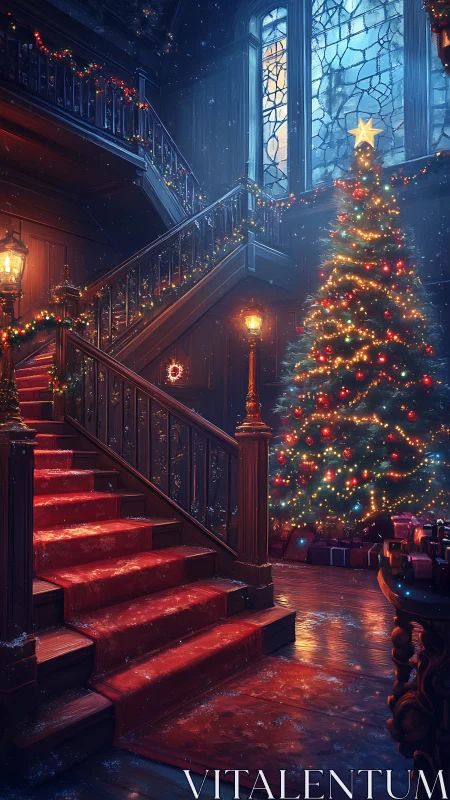 Illuminated staircase and spectral Christmas tree interior study.