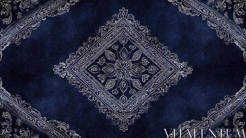 Indigo bandana textile with ornate white paisley medallion.