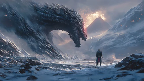Lone warrior meets colossal dragon in a frozen mountain pass.