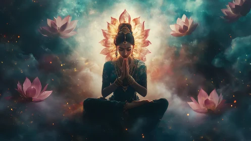 Meditating woman in lotus pose amid glowing cosmic flowers.