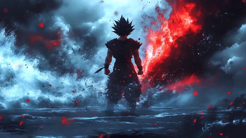 Backlit anime warrior confronts dual-toned elemental storm