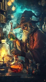 Old wizard refines glowing potions inside cluttered alchemy lab