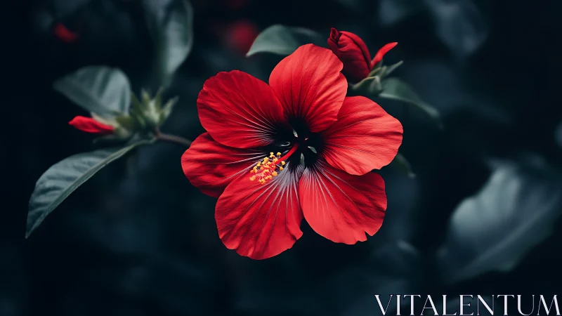 Vibrant Red Hibiscus Bloom Against Dark Foliage.