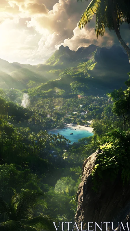 Tropical Valley with Turquoise Lagoon and Mountain Vista.