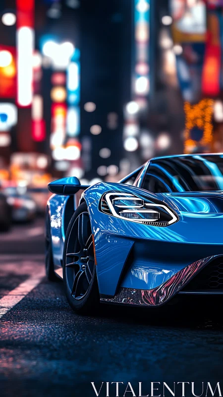 Futuristic blue supercar under neon city lights at night.