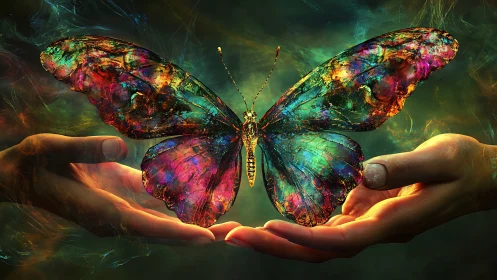 Glasslike multicolor butterfly resting between two hands.