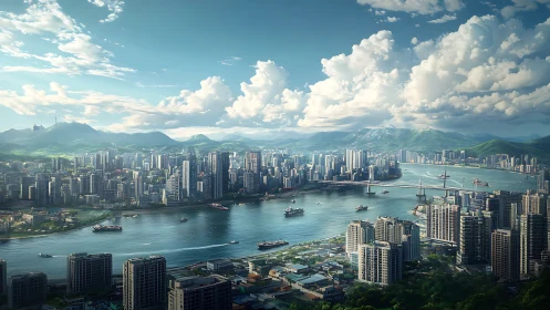 Sunlit harbor city skyline stretches toward green distant hills