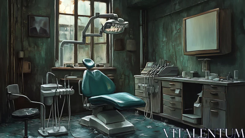 Decayed vintage dental surgery rendered in moody teal tones.