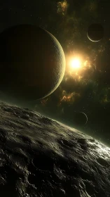 Triad of shadowed worlds orbit a burning newborn sun.