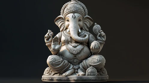 Ornate stone Ganesha seated in serene, blessing calm.