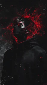 Masked figure stands in dark space with red digital flare