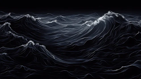 Monochrome line-art seascape abstracts dynamic luminous waves