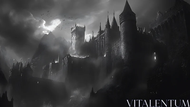 Gothic fortress silhouette emerges through volumetric fog and storm lighting