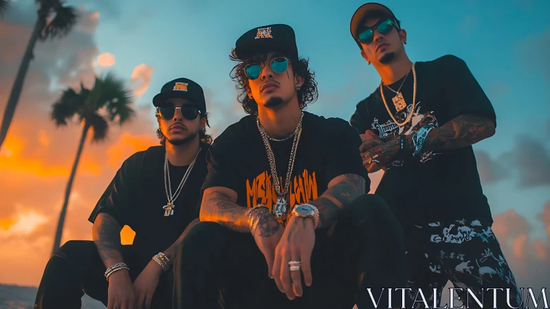 Triadic streetwear portrait under saturated tropical sunset lighting