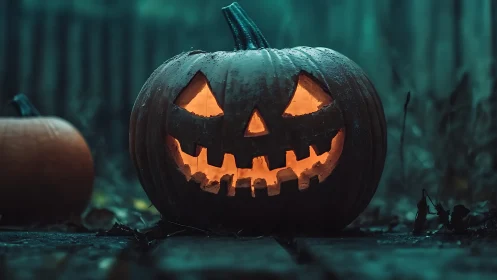 Carved jack-o-lantern glows on wet path in eerie blue mist