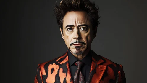 Stylized male portrait in patterned red suit on dark ground.