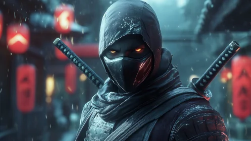 Hooded cyber ninja stands in neon rain with blazing eyes