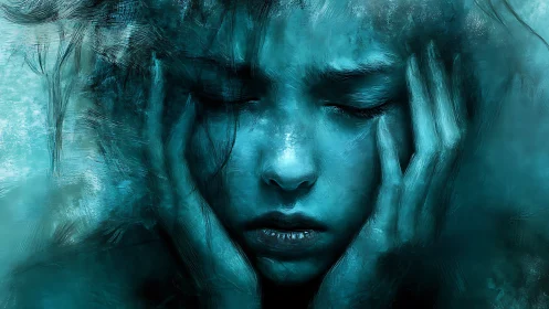 Blue-toned digital portrait of person with closed eyes.