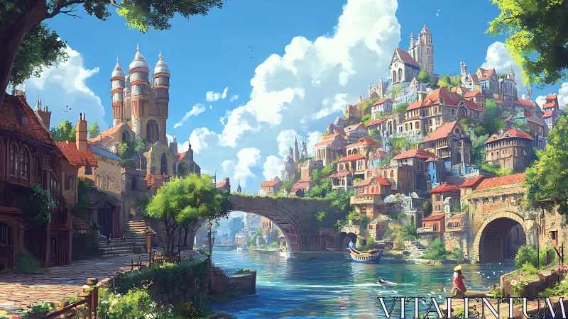 Sunlit riverside fantasy city rises beneath bright clouds