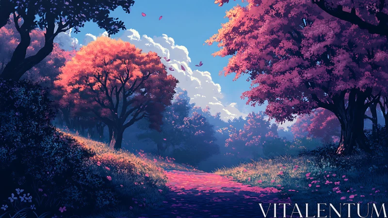 Fantasy Forest with Blooming Trees and Pink Stream.
