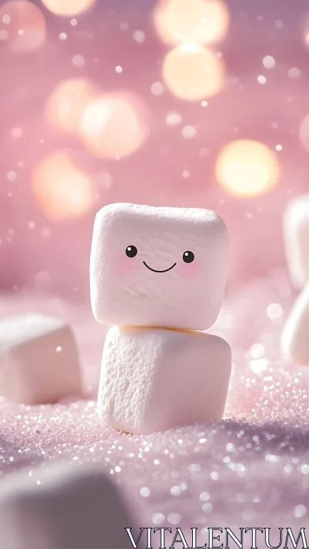 Cute smiling marshmallow stack under soft pink bokeh glow
