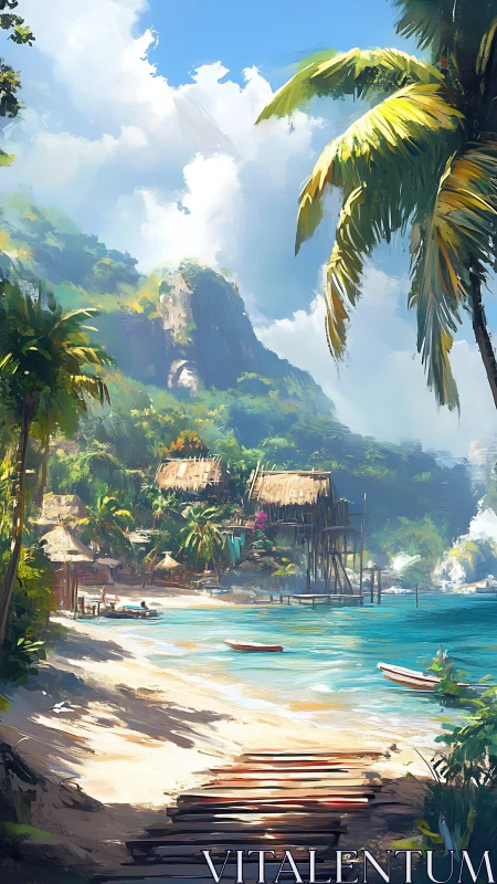 Tropical Island Village with Mountain Backdrop and Crystalline Waters