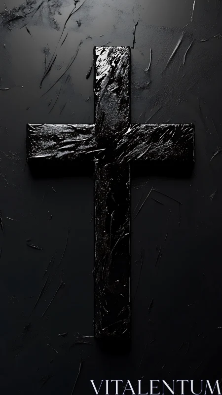 Glossy black cruciform sculpture on textured matte black ground