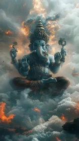 Divine blue Ganesha floating in fiery storm clouds.