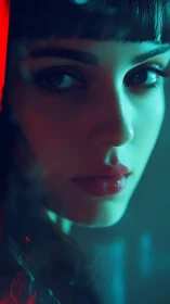 Close female portrait under teal and red neon lighting